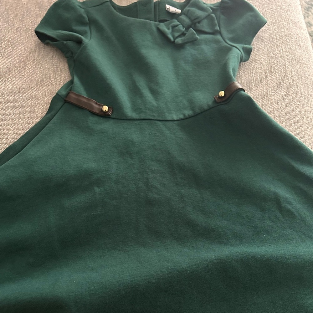 Janie and Jack. Green dress with brown leather detail with gold beads. Size 3
